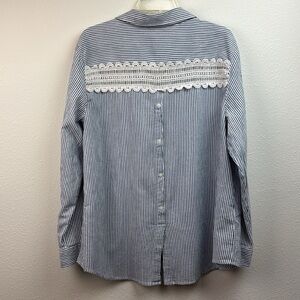 Style & Co. gauze -like white & blue striped button down shirt crochet lace back